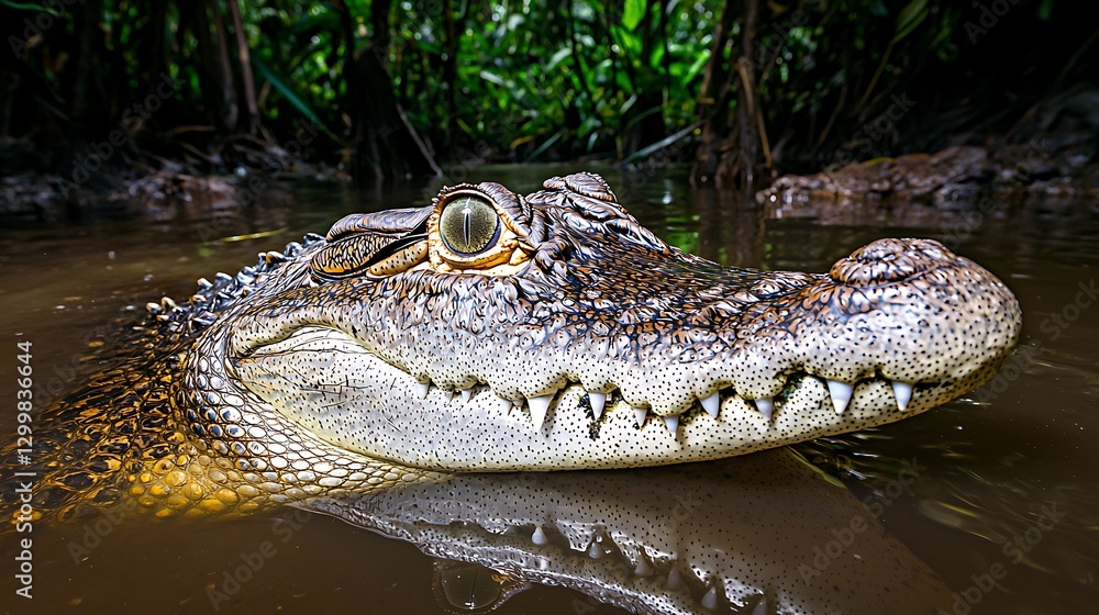 A close-up shot of a crocodile’s unblinking eyes above the dark water, its rough scales blending with the swampy jungle backdrop