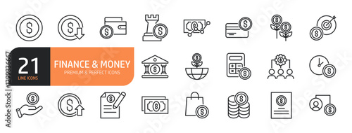 Set of line icons related to finance, money and more. Outline icons collection. Editable stroke. Vector illustration.