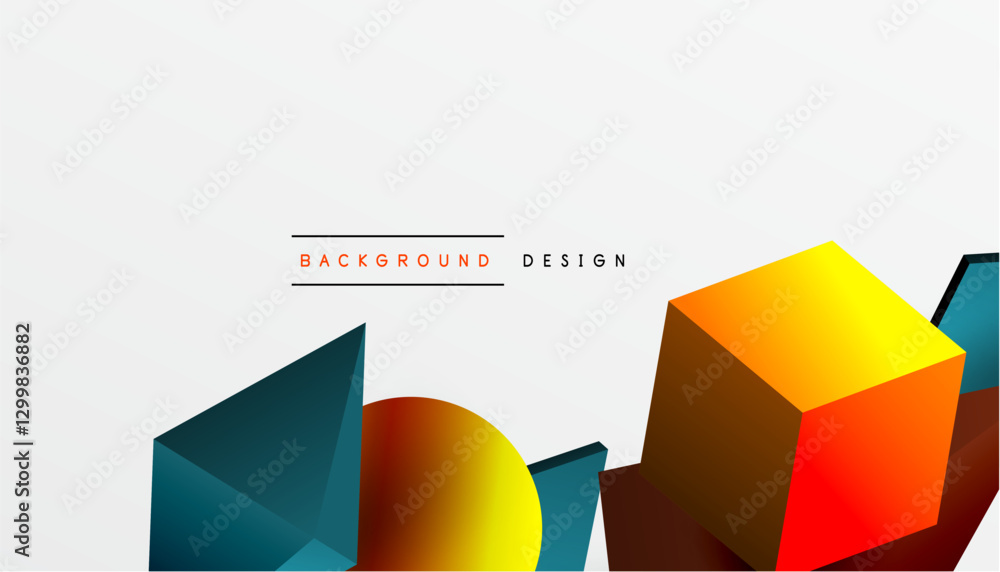 Obraz premium Abstract design showcasing isometric cubes, pyramids, squares, and spheres in a vibrant 3D layout. Modern and dynamic, perfect for tech, design, or futuristic themes