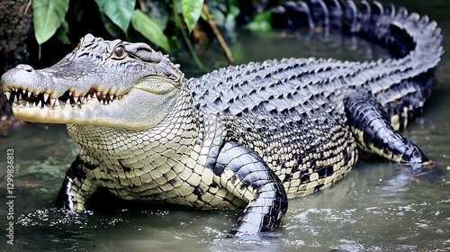 Obraz na płótnie A crocodile lurking in the rainforest shallows, its powerful body rising from the depths as dense jungle trees cast shadows over the water w salonie