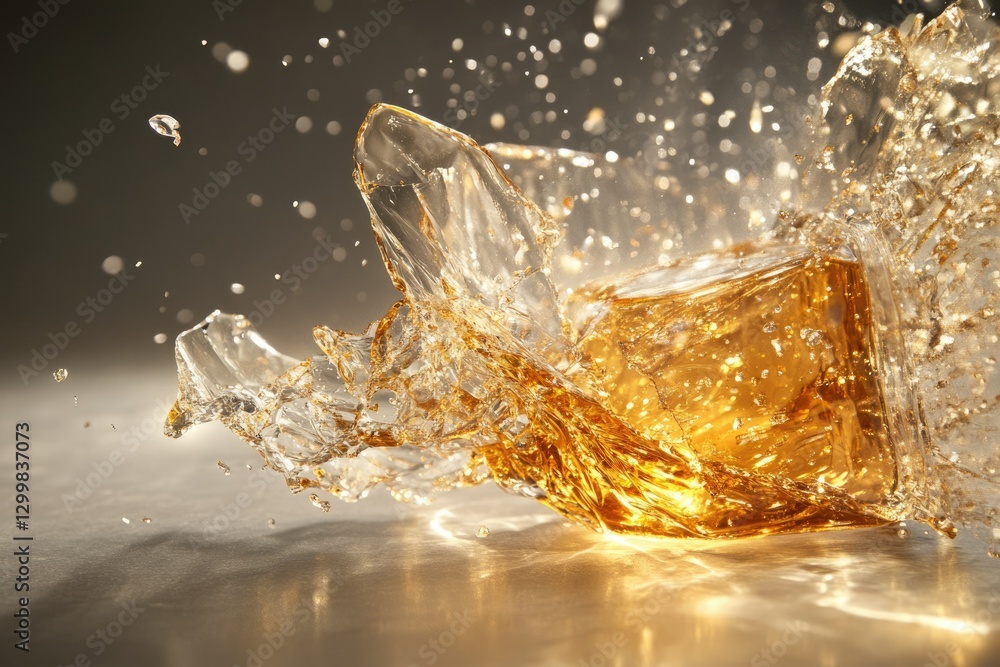 Amber liquid splashing dramatically from a cube, showcasing dynamic movement and texture. Amber liquid splashing dramatically from a cube, showcasing dynamic movement and texture.