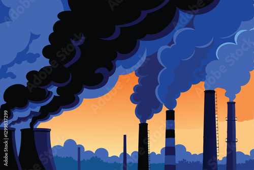 Create a detailed illustration depicting severe air pollution caused by industrial smoke stacks, showcasing smog and its impact on the environment.