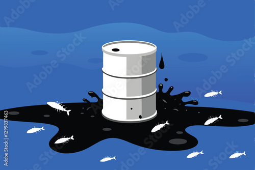 Create a detailed illustration of a rusty, leaking oil barrel surrounded by contaminated soil and wilting vegetation, showcasing environmental pollution.