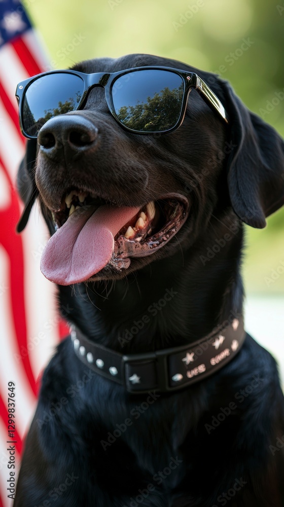Obraz premium Cool Black Lab Dog Wearing Sunglasses Near Flag