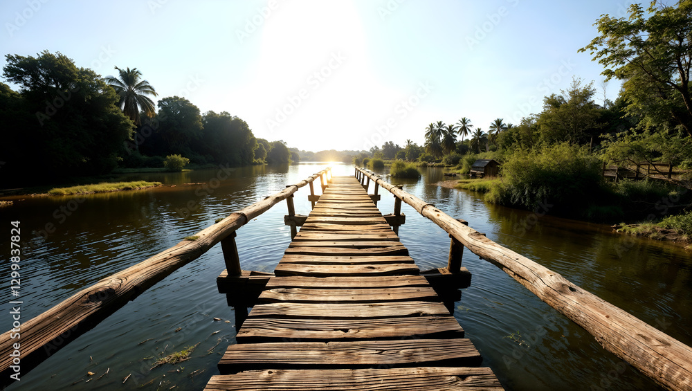 Fototapeta premium A rustic wooden bridge stretching over a quiet river, bathed in warm golden sunlight. Generative AI