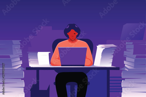 Create a detailed illustration of a person diligently working at a cluttered desk, showcasing various office supplies and a computer.  Focus on realistic details and a focused expression.
