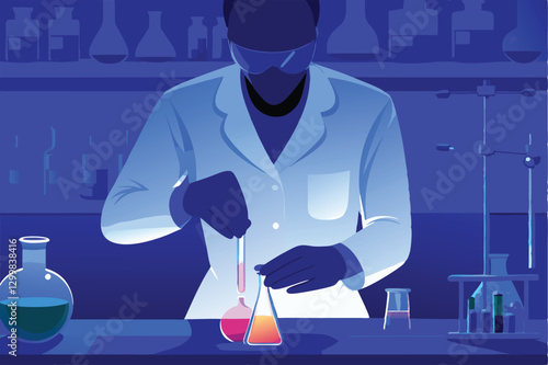 A detailed illustration of a pharmacist meticulously mixing pharmaceutical compounds in a laboratory setting, showcasing precise measurements and sterile equipment.