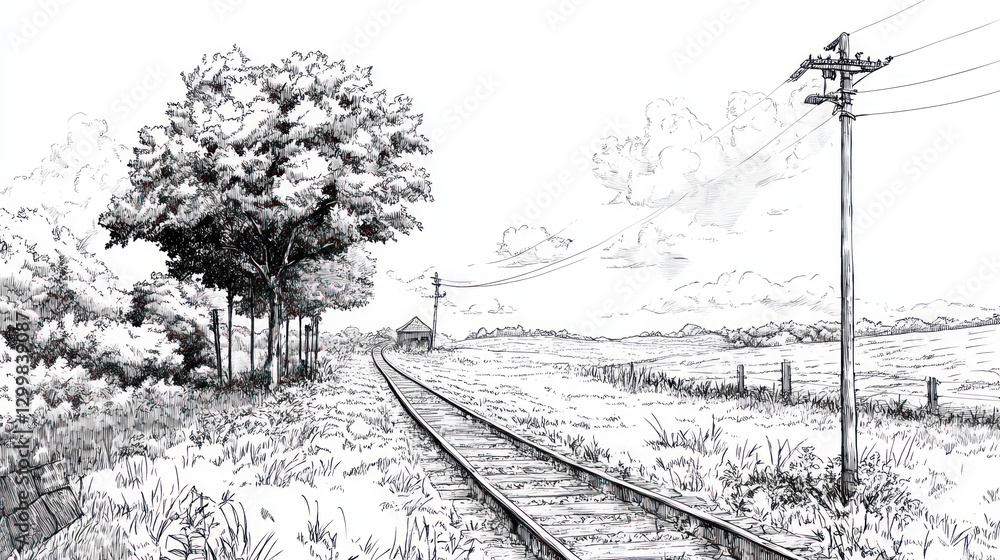 Fototapeta premium Countryside Railroad Tracks Sketch: A Monochromatic Journey