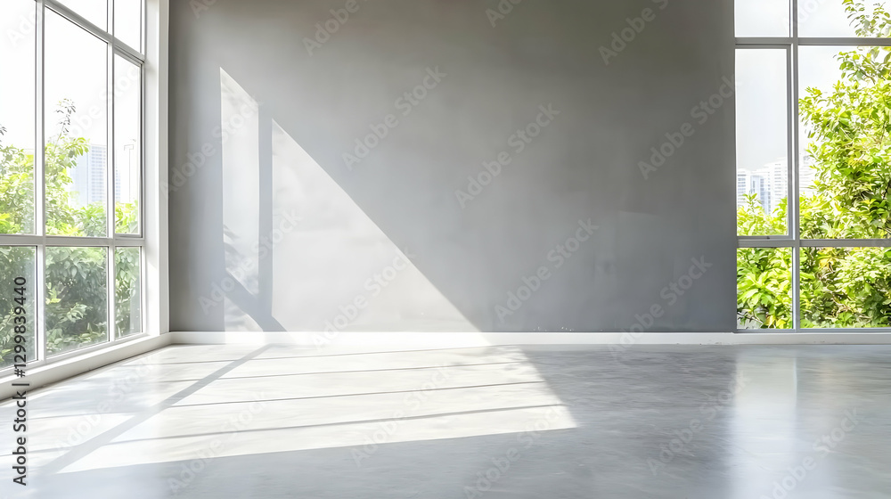Fototapeta premium Modern Minimalist Interior Room with Large Windows Bright Daylight and Green Trees Outside
