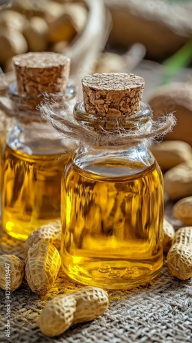 Wallpaper Mural Nutritious Peanut Oil Extract in Small Glass Bottles with Rustic Cork Stopper and Peanuts Around Torontodigital.ca