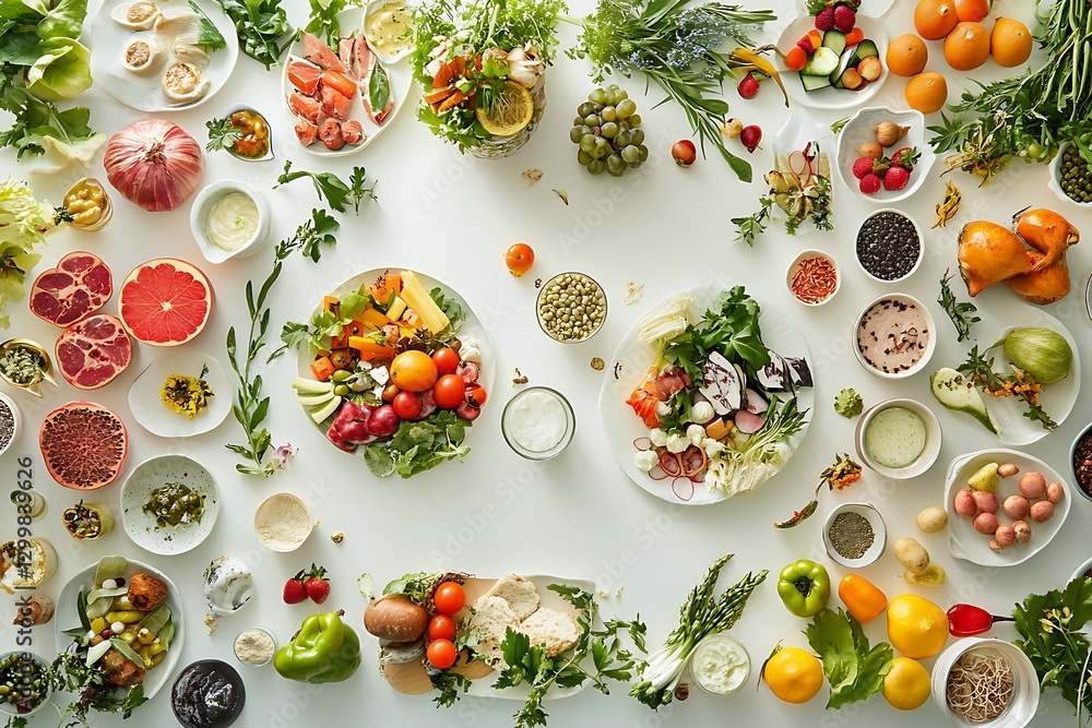 top view of fresh vegetables and herbs on white table with healthy food top view of fresh vegetables and herbs on white table with healthy food