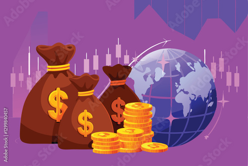 Create a vibrant illustration depicting overflowing money bags alongside soaring stock charts and a prominent letter 'G', symbolizing growth and financial success.