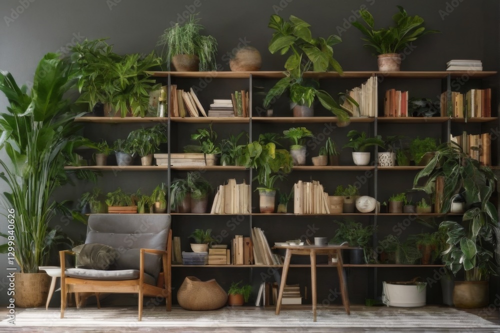 Fototapeta premium Contemporary living room with stylish wooden bookshelf, plants, books, and minimal decor. Modern design in grey and light wood.