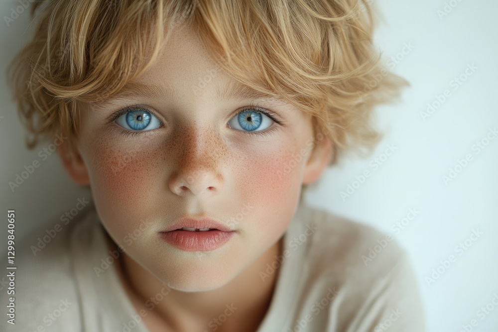 A close-up portrait of a young boy with blond, curly hair and striking blue eyes, showcasing his freckles and youthful features. A close-up portrait of a young boy with blond, curly hair and striking blue eyes, showcasing his freckles and youthful features.