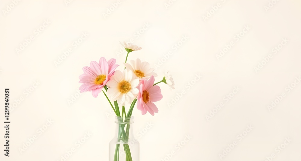 A minimalist composition of a few spring flowers arranged in a glass vase, with a plain pastel-colored wall as the background A minimalist composition of a few spring flowers arranged in a glass vase, with a plain pastel-colored wall as the background