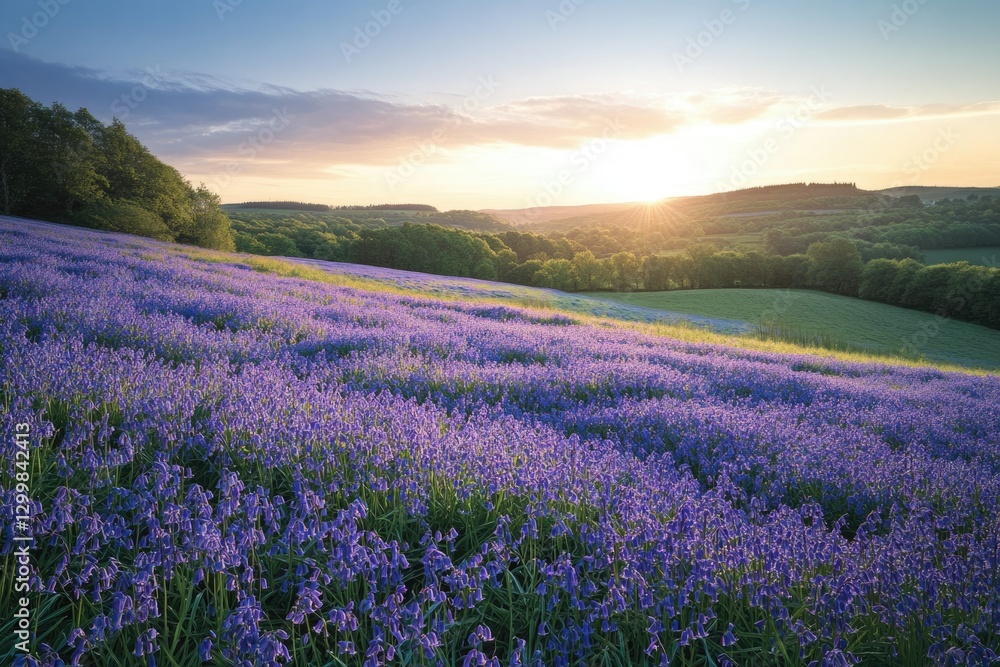 Sunset over a sprawling field of vibrant purple bluebells, creating a serene and picturesque landscape. Sunset over a sprawling field of vibrant purple bluebells, creating a serene and picturesque landscape.