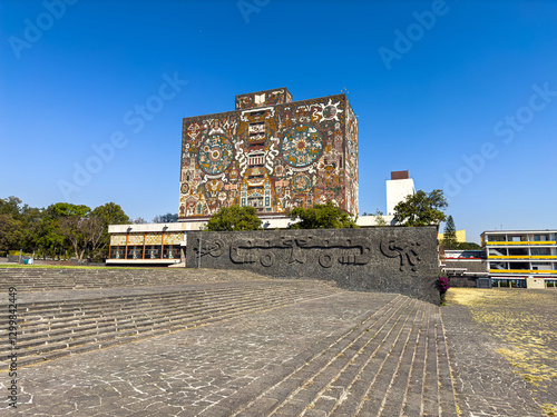 Sunny and clear day at the Central Library, University City, Mexico City