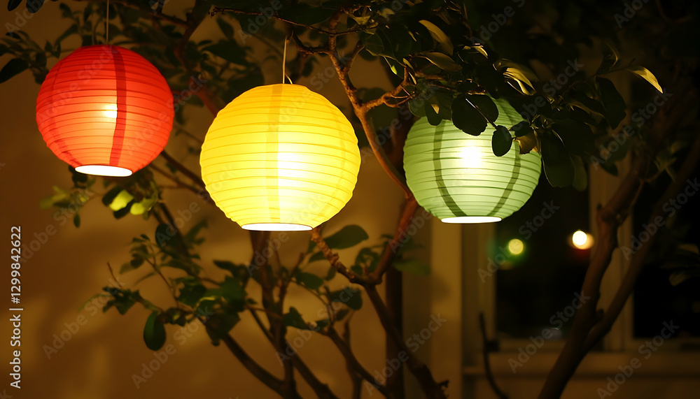 Obraz premium Illuminated paper lanterns in a garden at night