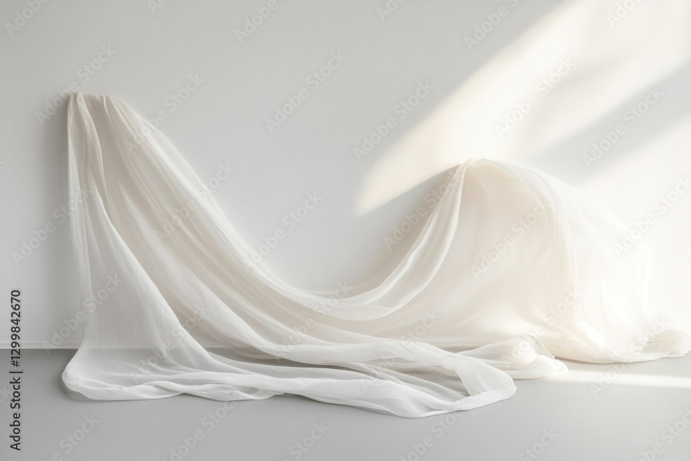 Draped white fabric against a white wall. Draped white fabric against a white wall.