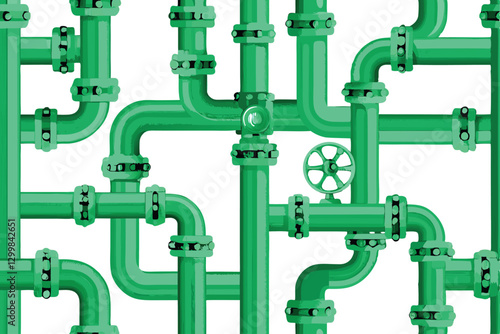 Generate a detailed image of interconnected industrial pipes forming a complex geometric pattern, emphasizing metallic textures and intricate details.  Include a single, highlighted pipe.
