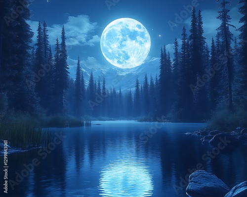 Moonlit lake, mountains, forest at night