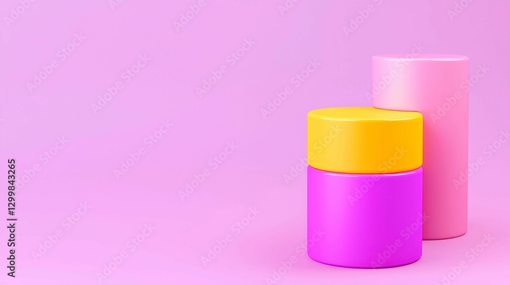 Vibrant Cylindrical Forms in Geometric Arrangement on Pastel Pink Background, Bold Color Palette Vibrant Cylindrical Forms in Geometric Arrangement on Pastel Pink Background, Bold Color Palette