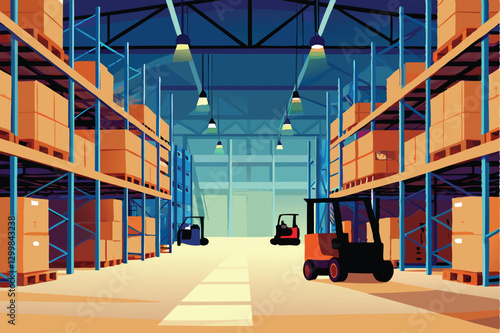 Photograph of a vast industrial warehouse interior showcasing tall, densely packed shelving units filled with various goods.  High ceilings and strong lighting are visible.