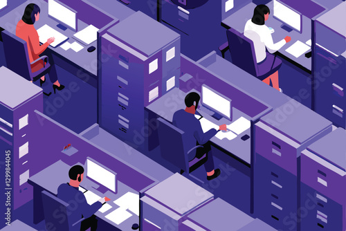 Isometric illustration of a modern tax office interior, featuring a diligent worker at their desk, surrounded by files and computer.
