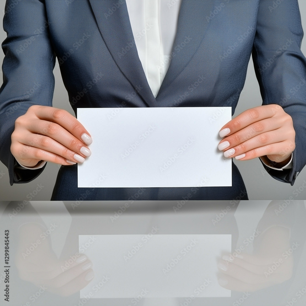A professional individual holds a blank card in front of a table, dressed in a formal suit, emphasizing a clean and minimalistic aesthetic. A professional individual holds a blank card in front of a table, dressed in a formal suit, emphasizing a clean and minimalistic aesthetic.