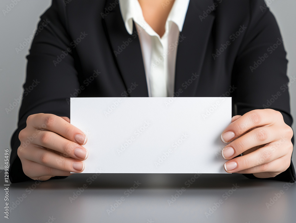 A professional individual holds a blank card, symbolizing opportunity or potential communication in a business setting. A professional individual holds a blank card, symbolizing opportunity or potential communication in a business setting.