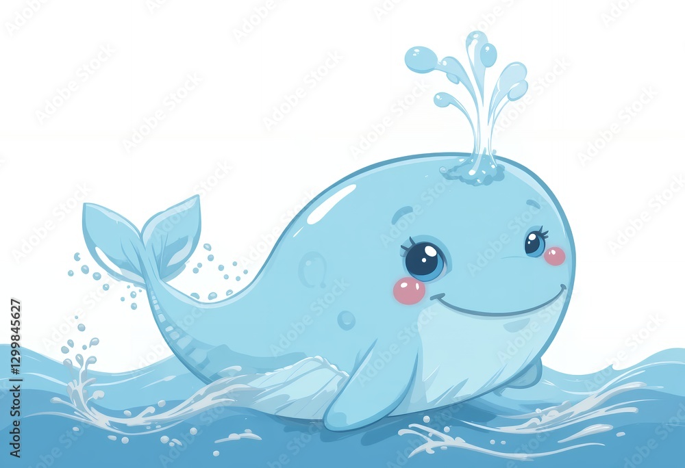 Naklejka premium Cute Cartoon Whale Swimming in Water with a Happy Expression