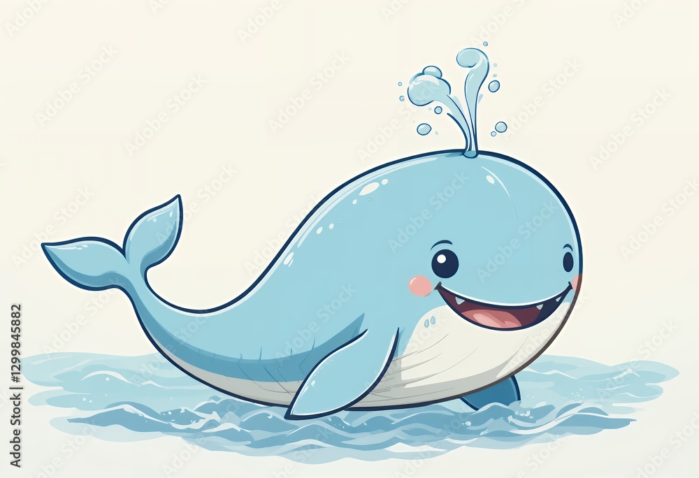 Obraz premium Cartoon Whale Swimming and Spouting Water Cute Animal Illustration