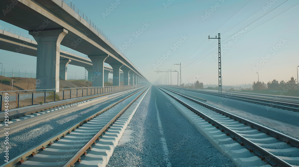 Obraz premium Serene railway tracks stretching into the distance under a clear morning sky with soft fog