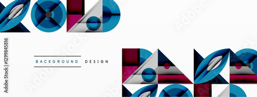 Geometric abstract composition with intersecting shapes, circles, triangles, and gradients, blending vibrant colors and dynamic contrasts to create a modern, futuristic visual design
