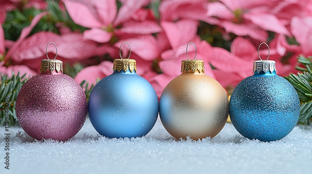 Ornaments lined on snow, poinsettias behind Ornaments lined on snow, poinsettias behind