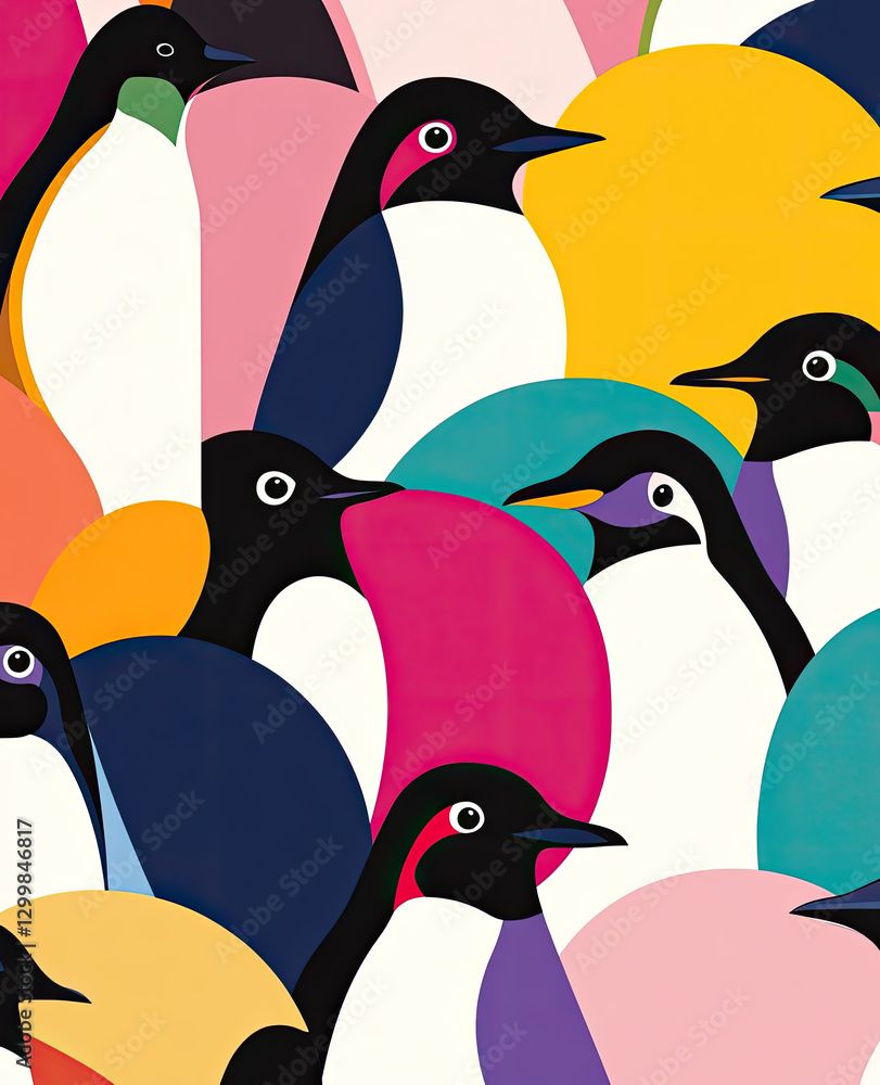 Obraz premium Colorful Penguin Flock in Abstract Circle Background