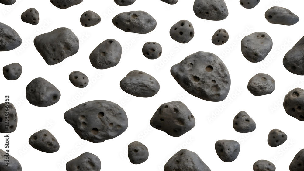 Realistic asteroid cluster with rocky surfaces and craters, floating in space, isolated on white or transparent background for astronomy and design projects Realistic asteroid cluster with rocky surfaces and craters, floating in space, isolated on white or transparent background for astronomy and design projects