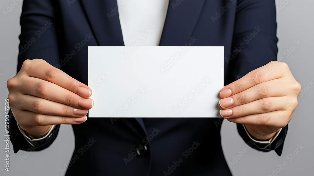 A person in professional attire holds a blank white card, symbolizing potential opportunities or messages. A person in professional attire holds a blank white card, symbolizing potential opportunities or messages.