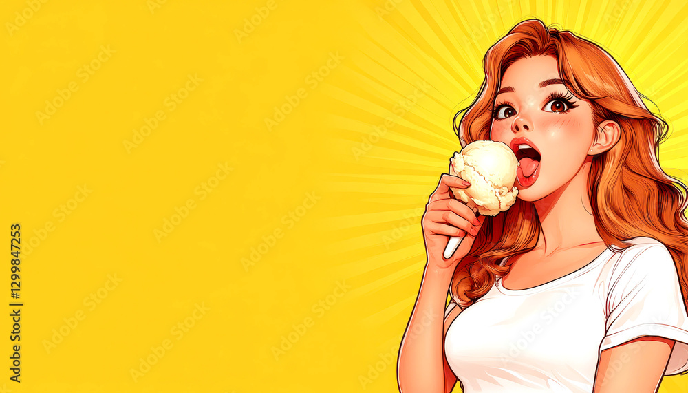 Young woman enjoying delicious ice cream against bright background. Young woman enjoying delicious ice cream against bright background.
