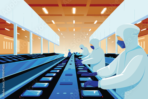 A pristine modern cleanroom factory interior showcasing workers in protective gear meticulously assembling advanced technology.