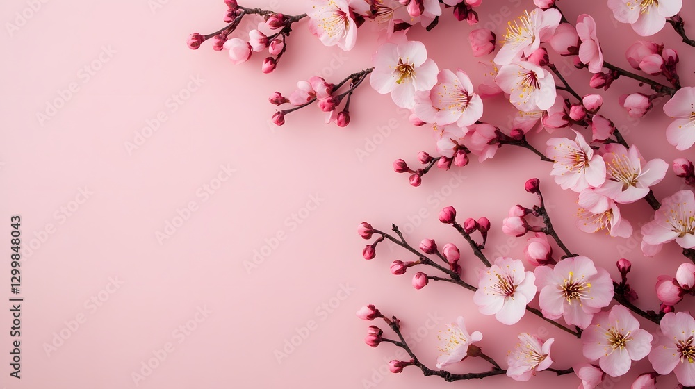 Fototapeta premium Pink blossoming tree branches elegantly arranged against a pink background