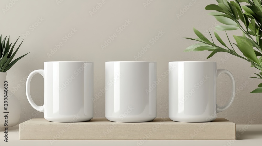 Fototapeta premium Three blank white mugs on wooden shelf. Perfect for showcasing your designs or branding.