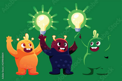 Jubilant, diverse monsters in suits high-five after a triumphant marketing presentation; confetti, celebratory drinks.