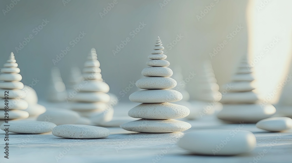 Fototapeta premium Serene White Stone Trees: A Minimalist Zen Still Life