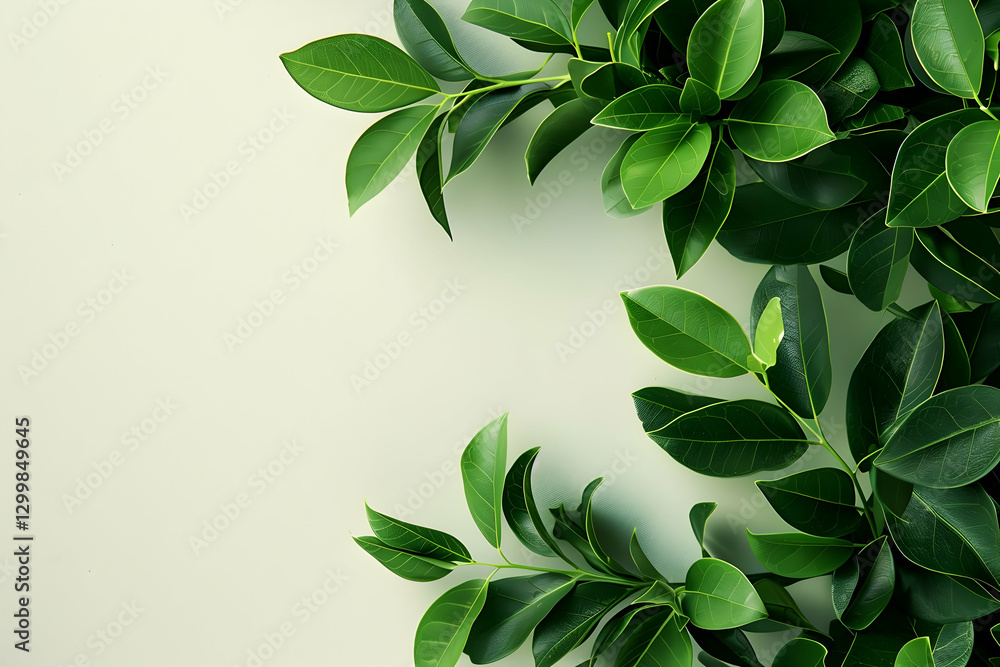 Lush green leaves arranged artistically on a soft background, perfect for nature-themed designs Lush green leaves arranged artistically on a soft background, perfect for nature-themed designs