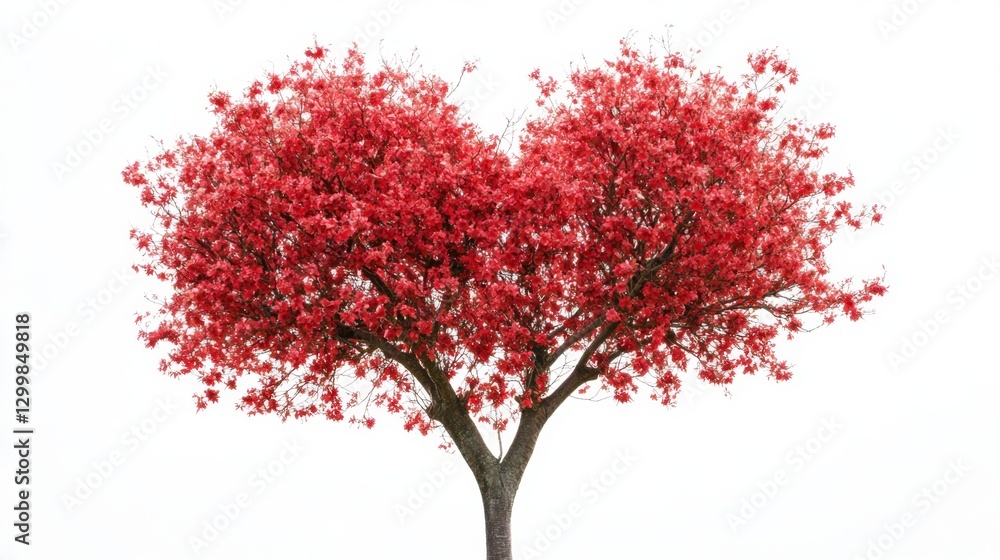 Obraz premium Heart-Shaped Tree with Vibrant Red Blossoms Against White Background