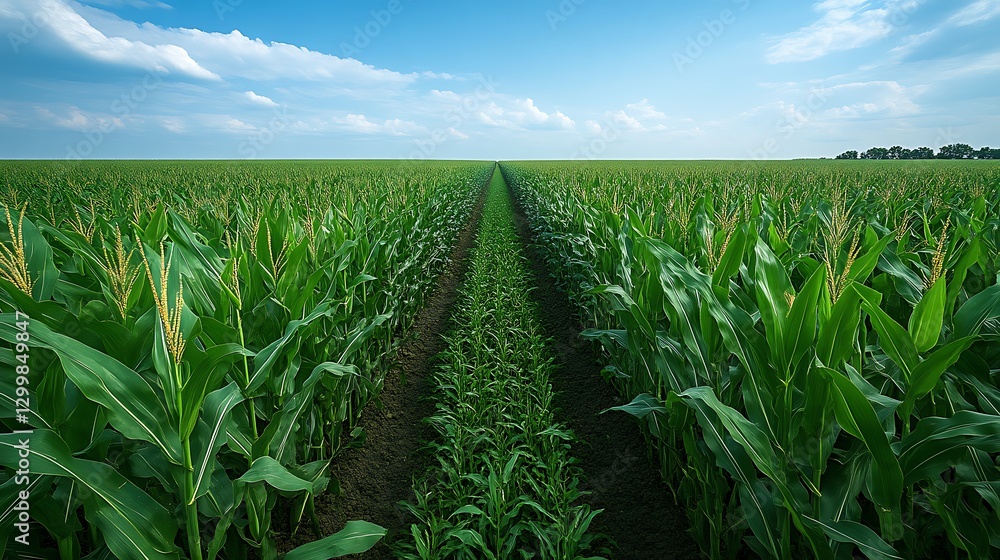 Cornfield rows reaching horizon under blue sky Cornfield rows reaching horizon under blue sky