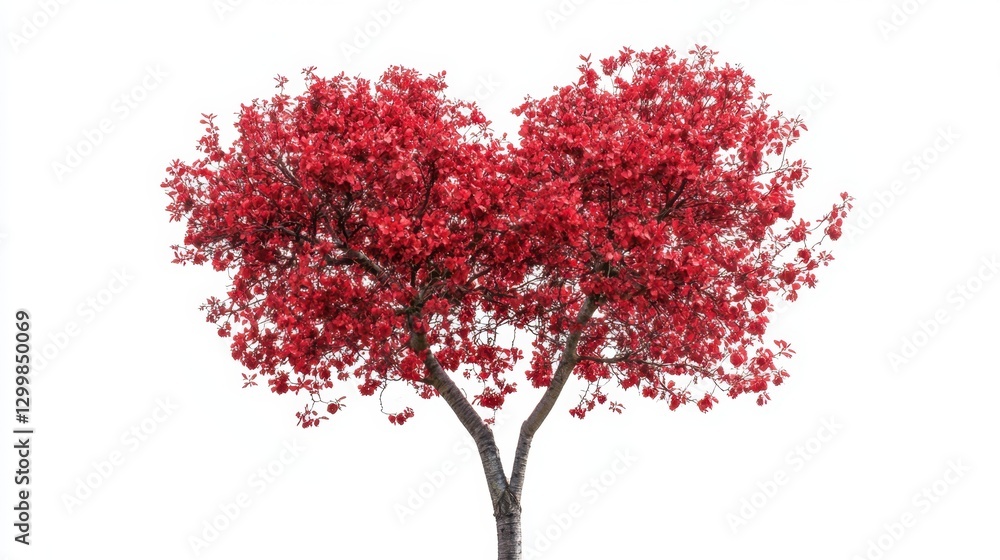 Fototapeta premium Beautiful Heart Shaped Tree with Vibrant Red Blossoms on White Background
