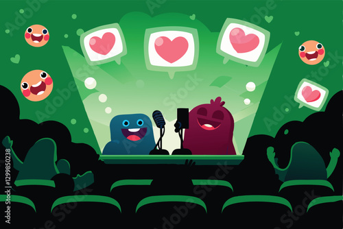 Three friendly cartoon monsters livestreaming a gaming session, vibrant colors, playful expressions,  studio setup with gaming equipment.