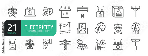 Set Of Electricity Line Icons. The set includes a Electric Tower, Power Generator, Electric Energy, Electrician, Accumulator, Refinery, and more.